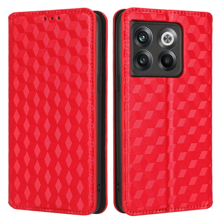 Wallet Cover for OnePlus 10T 5G / Ace Pro 5G, Flip PU Leather Stand Imprinting Rhombus Pattern Phone Case - Red