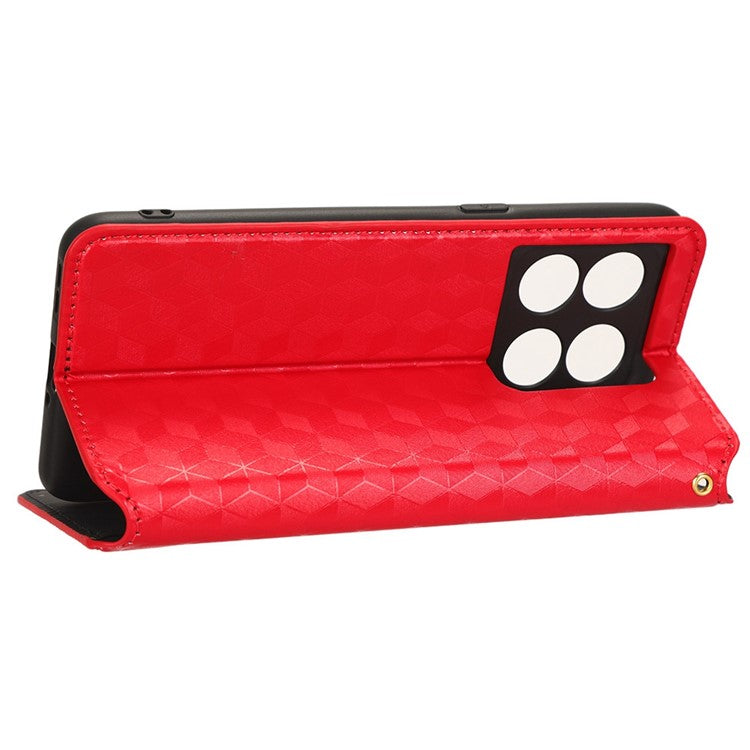 Wallet Cover for OnePlus 10T 5G / Ace Pro 5G, Flip PU Leather Stand Imprinting Rhombus Pattern Phone Case - Red