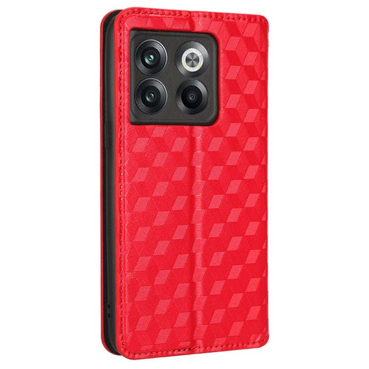Wallet Cover for OnePlus 10T 5G / Ace Pro 5G, Flip PU Leather Stand Imprinting Rhombus Pattern Phone Case - Red