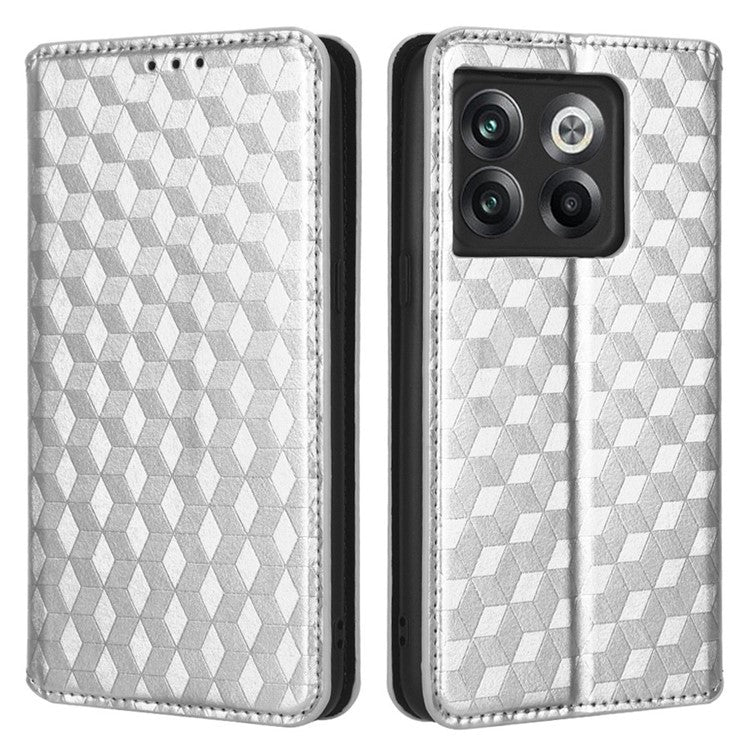 Wallet Cover for OnePlus 10T 5G / Ace Pro 5G, Flip PU Leather Stand Imprinting Rhombus Pattern Phone Case - Silver