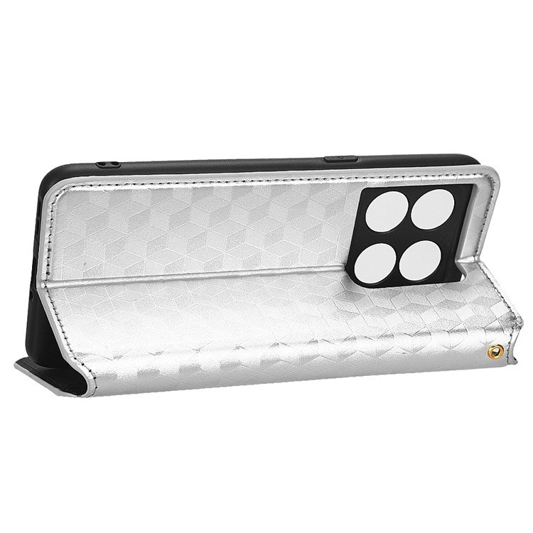 Wallet Cover for OnePlus 10T 5G / Ace Pro 5G, Flip PU Leather Stand Imprinting Rhombus Pattern Phone Case - Silver