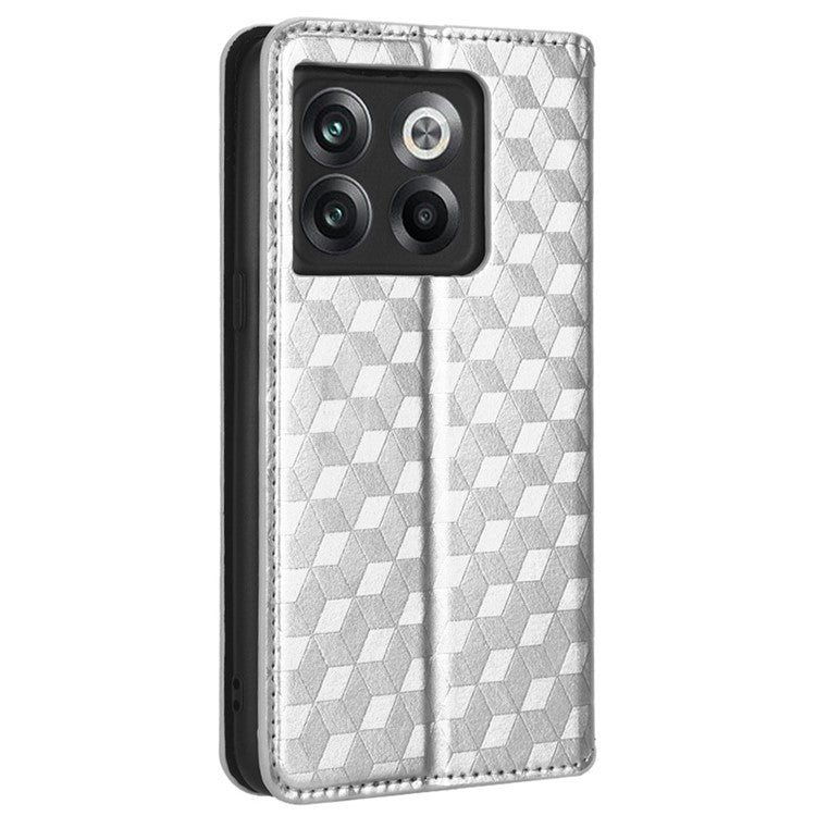 Wallet Cover for OnePlus 10T 5G / Ace Pro 5G, Flip PU Leather Stand Imprinting Rhombus Pattern Phone Case - Silver