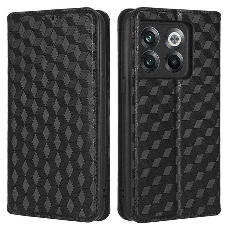 Wallet Cover for OnePlus 10T 5G / Ace Pro 5G, Flip PU Leather Stand Imprinting Rhombus Pattern Phone Case - Black