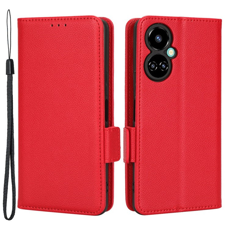 Litchi Texture Phone Cover for TECNO Camon 19 Pro 4G / 5G, Anti-Collision PU Leather Dual Magnetic Clasp Phone Wallet Stand Case - Red