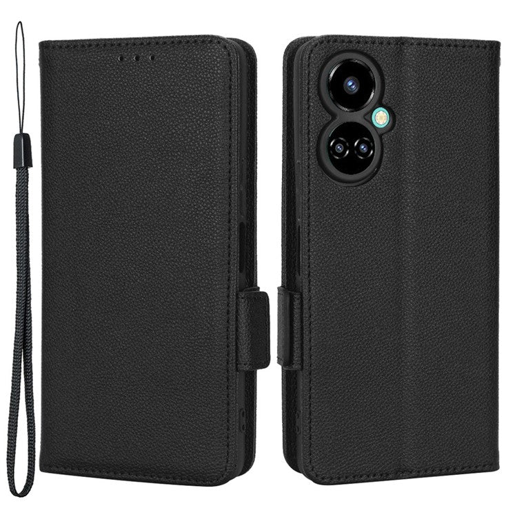 Litchi Texture Phone Cover for TECNO Camon 19 Pro 4G / 5G, Anti-Collision PU Leather Dual Magnetic Clasp Phone Wallet Stand Case - Black