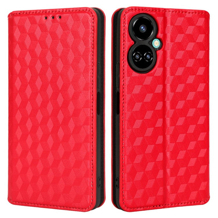 Flip Wallet Cover for TECNO Camon 19 Pro 4G / 5G, Impact Resistant PU Leather Stand Imprinting Rhombus Pattern Phone Case - Red