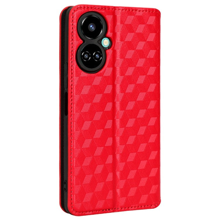 Flip Wallet Cover for TECNO Camon 19 Pro 4G / 5G, Impact Resistant PU Leather Stand Imprinting Rhombus Pattern Phone Case - Red