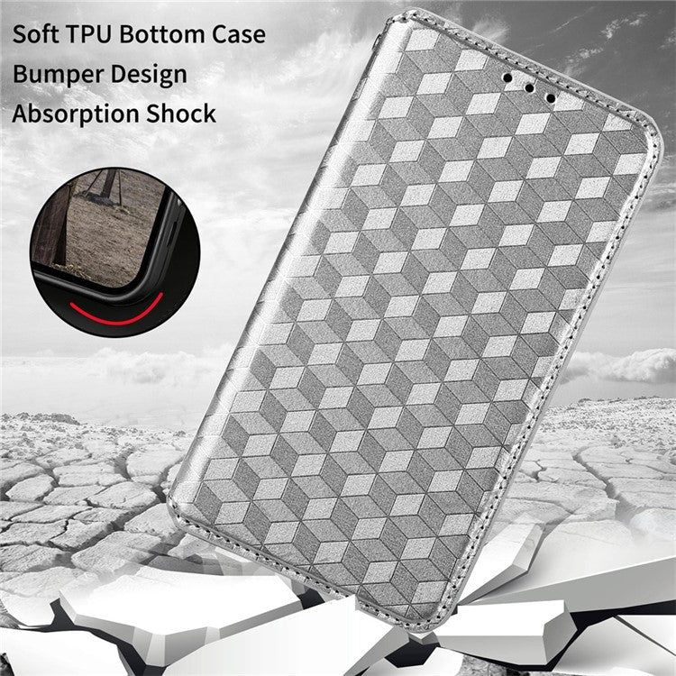 Flip Wallet Cover for TECNO Camon 19 Pro 4G / 5G, Impact Resistant PU Leather Stand Imprinting Rhombus Pattern Phone Case - Silver