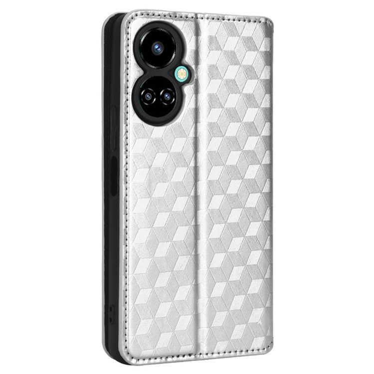 Flip Wallet Cover for TECNO Camon 19 Pro 4G / 5G, Impact Resistant PU Leather Stand Imprinting Rhombus Pattern Phone Case - Silver