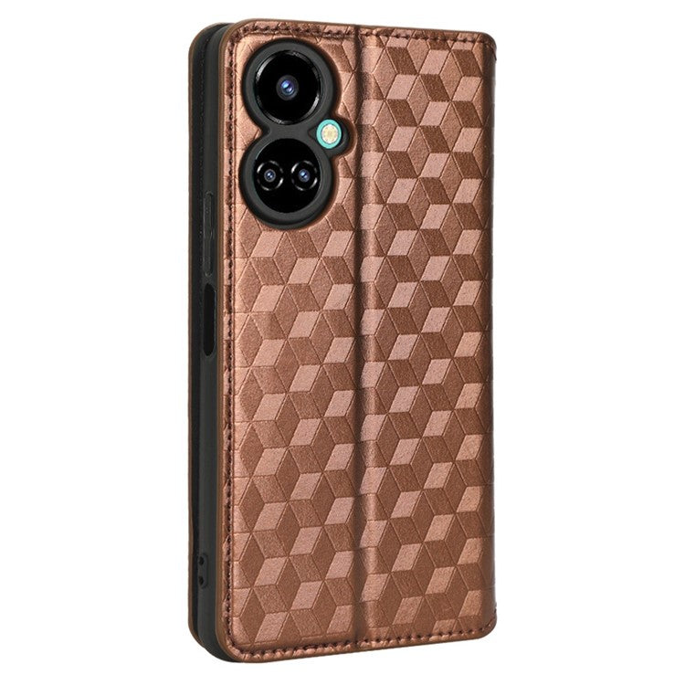 Flip Wallet Cover for TECNO Camon 19 Pro 4G / 5G, Impact Resistant PU Leather Stand Imprinting Rhombus Pattern Phone Case - Brown