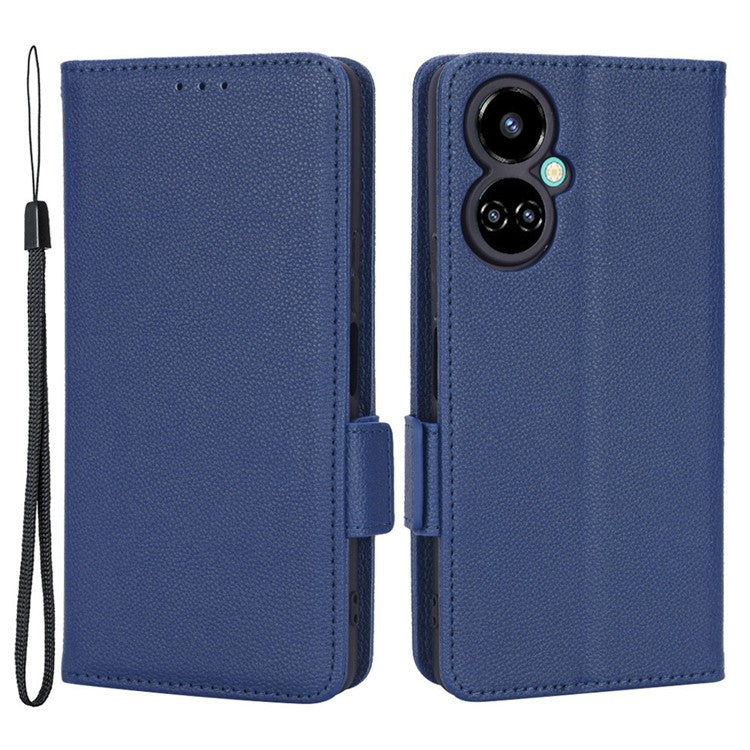 Litchi Texture Phone Cover for TECNO Camon 19 4G, Bump Proof PU Leather Dual Magnetic Clasp Phone Wallet Stand Case - Dark Blue
