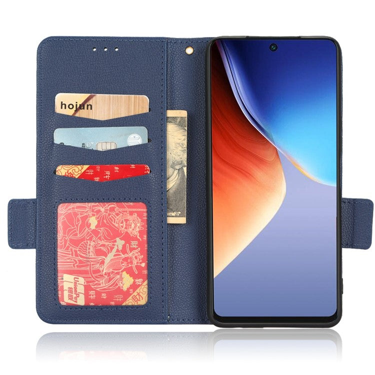 Litchi Texture Phone Cover for TECNO Camon 19 4G, Bump Proof PU Leather Dual Magnetic Clasp Phone Wallet Stand Case - Dark Blue