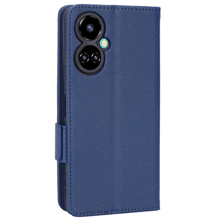 Litchi Texture Phone Cover for TECNO Camon 19 4G, Bump Proof PU Leather Dual Magnetic Clasp Phone Wallet Stand Case - Dark Blue
