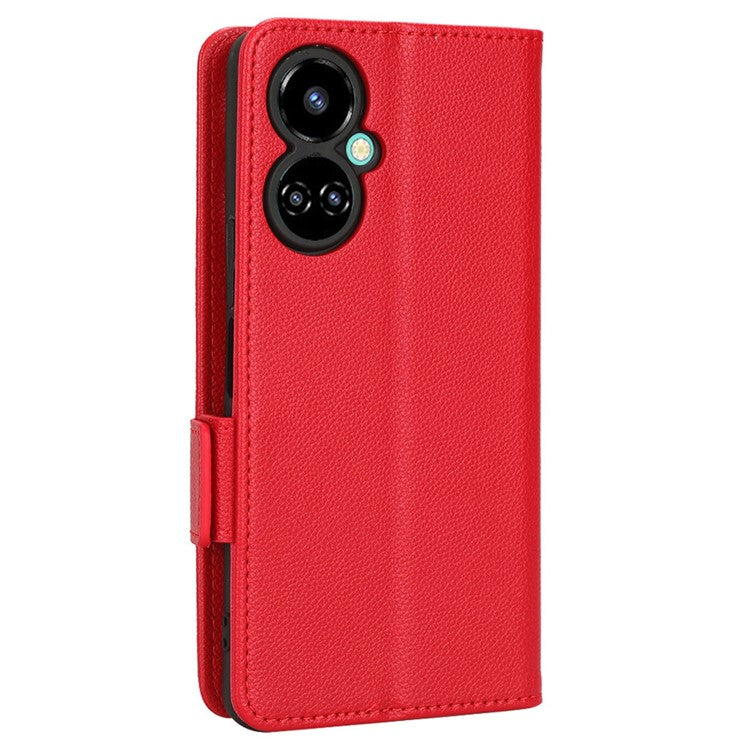 Litchi Texture Phone Cover for TECNO Camon 19 4G, Bump Proof PU Leather Dual Magnetic Clasp Phone Wallet Stand Case - Red
