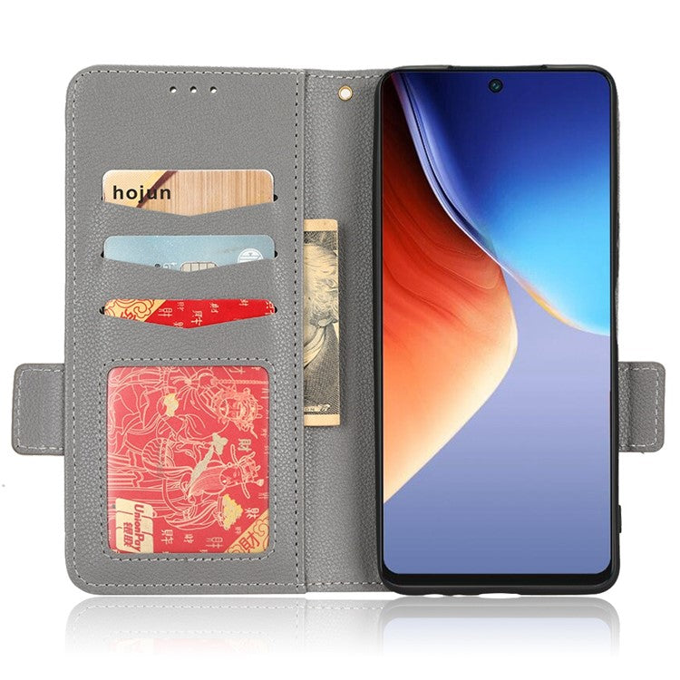Litchi Texture Phone Cover for TECNO Camon 19 4G, Bump Proof PU Leather Dual Magnetic Clasp Phone Wallet Stand Case - Grey