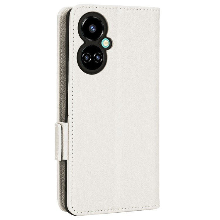 Litchi Texture Phone Cover for TECNO Camon 19 4G, Bump Proof PU Leather Dual Magnetic Clasp Phone Wallet Stand Case - White