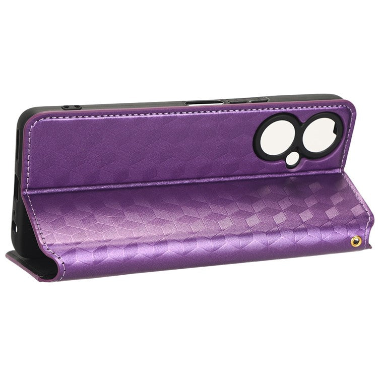 Flip Wallet Cover for TECNO Camon 19 4G, Full Coverage PU Leather Stand Imprinting Rhombus Pattern Phone Case - Purple