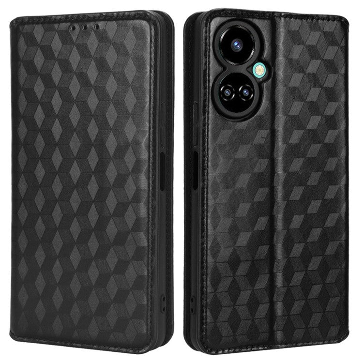 Flip Wallet Cover for TECNO Camon 19 4G, Full Coverage PU Leather Stand Imprinting Rhombus Pattern Phone Case - Black