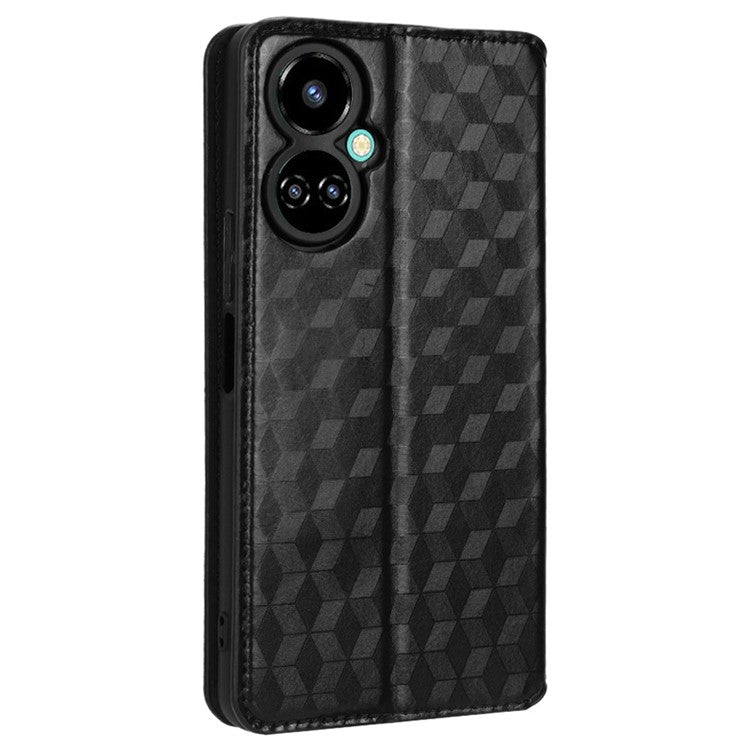 Flip Wallet Cover for TECNO Camon 19 4G, Full Coverage PU Leather Stand Imprinting Rhombus Pattern Phone Case - Black