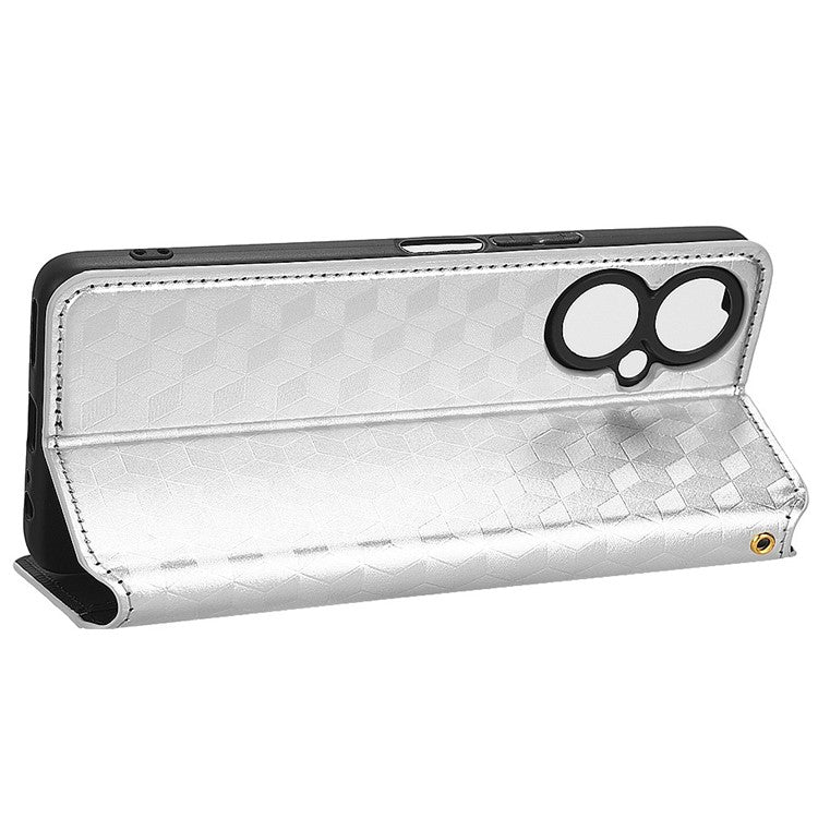 Flip Wallet Cover for TECNO Camon 19 4G, Full Coverage PU Leather Stand Imprinting Rhombus Pattern Phone Case - Silver