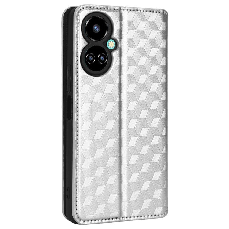 Flip Wallet Cover for TECNO Camon 19 4G, Full Coverage PU Leather Stand Imprinting Rhombus Pattern Phone Case - Silver