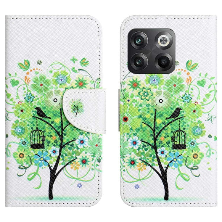 For OnePlus 10T 5G / Ace Pro 5G Scratch-resistant Pattern Printing Anti-fall Case Cross Texture PU Leather Wallet Cell Phone Shell with Stand - Green Tree