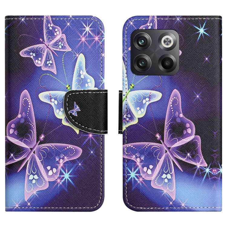 For OnePlus 10T 5G / Ace Pro 5G Scratch-resistant Pattern Printing Anti-fall Case Cross Texture PU Leather Wallet Cell Phone Shell with Stand - Sparkling Butterflies