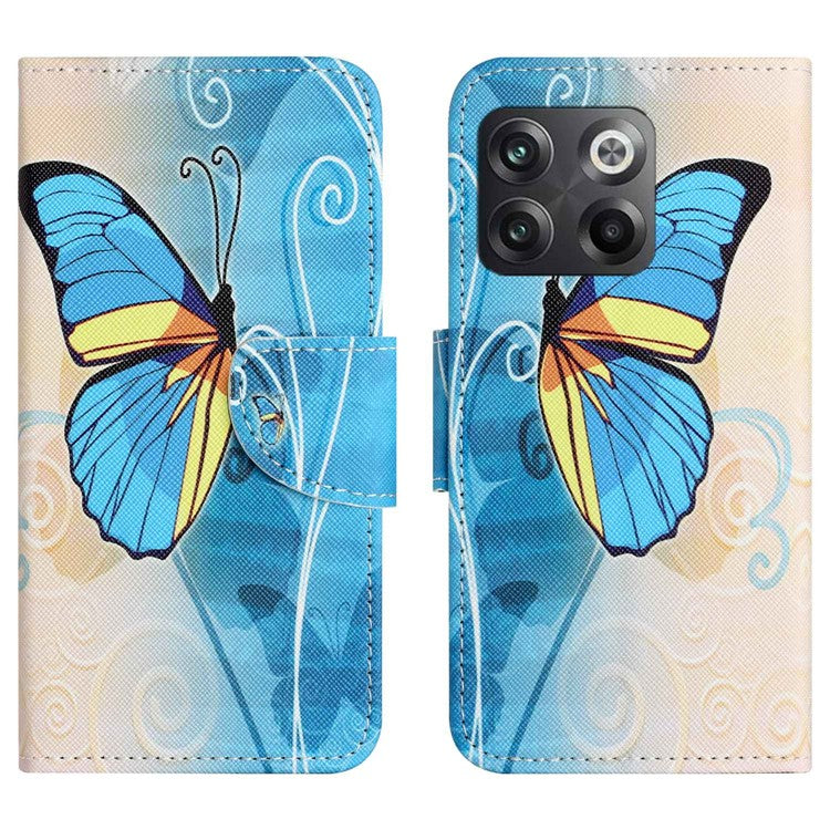For OnePlus 10T 5G / Ace Pro 5G Scratch-resistant Pattern Printing Anti-fall Case Cross Texture PU Leather Wallet Cell Phone Shell with Stand - Blue Butterfly