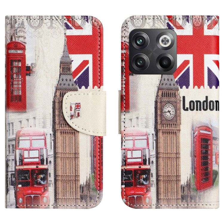 For OnePlus 10T 5G / Ace Pro 5G Scratch-resistant Pattern Printing Anti-fall Case Cross Texture PU Leather Wallet Cell Phone Shell with Stand - London Big Ben