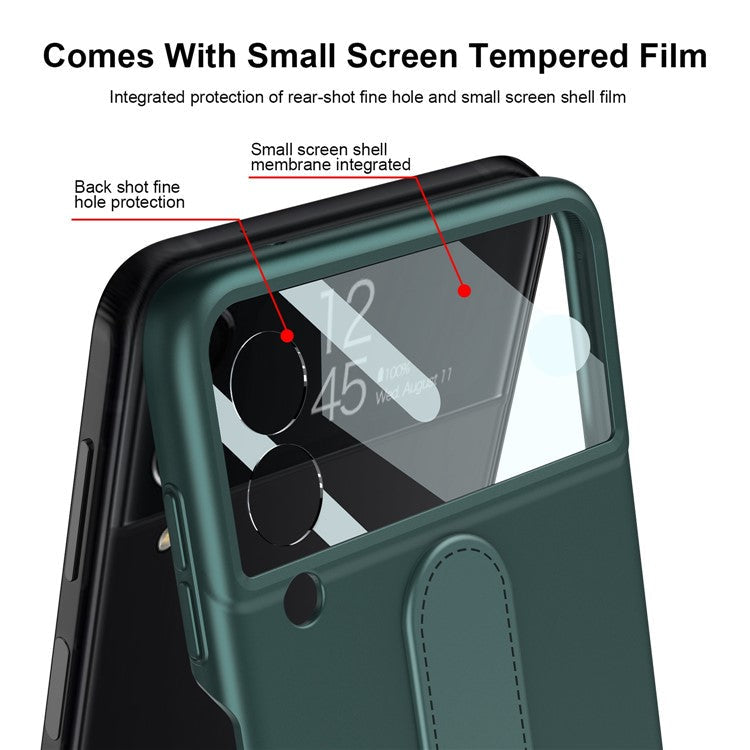 GKK For Samsung Galaxy Z Flip4 5G Ultra Slim Finger Ring Kickstand Design Hard PC Phone Case Cover with Small Screen Tempered Glass Protector - White