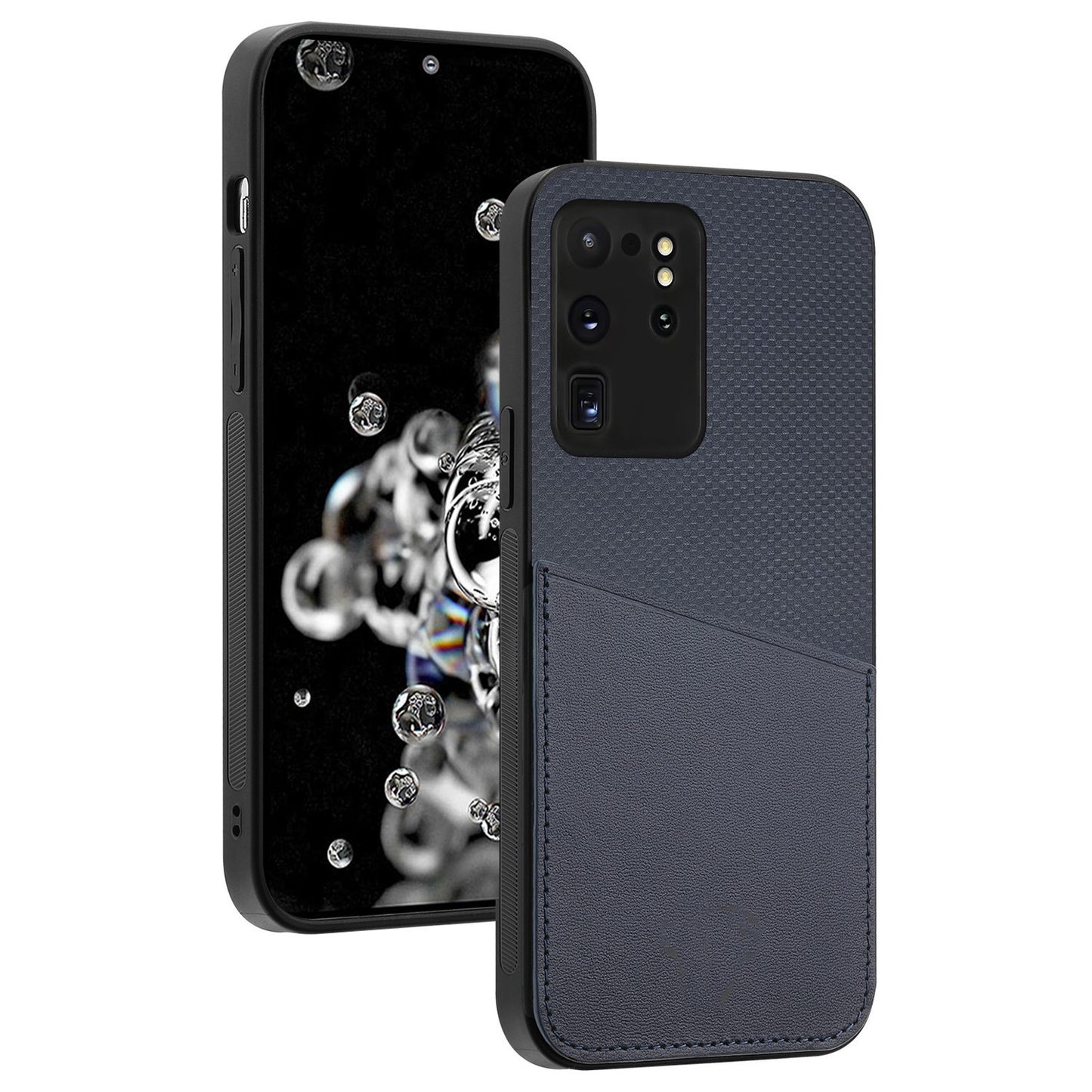 For Samsung Galaxy S20 Ultra Cowhide Leather Coated TPU + PC Imprinted Back Cover Protective Phone Case - Navy Blue