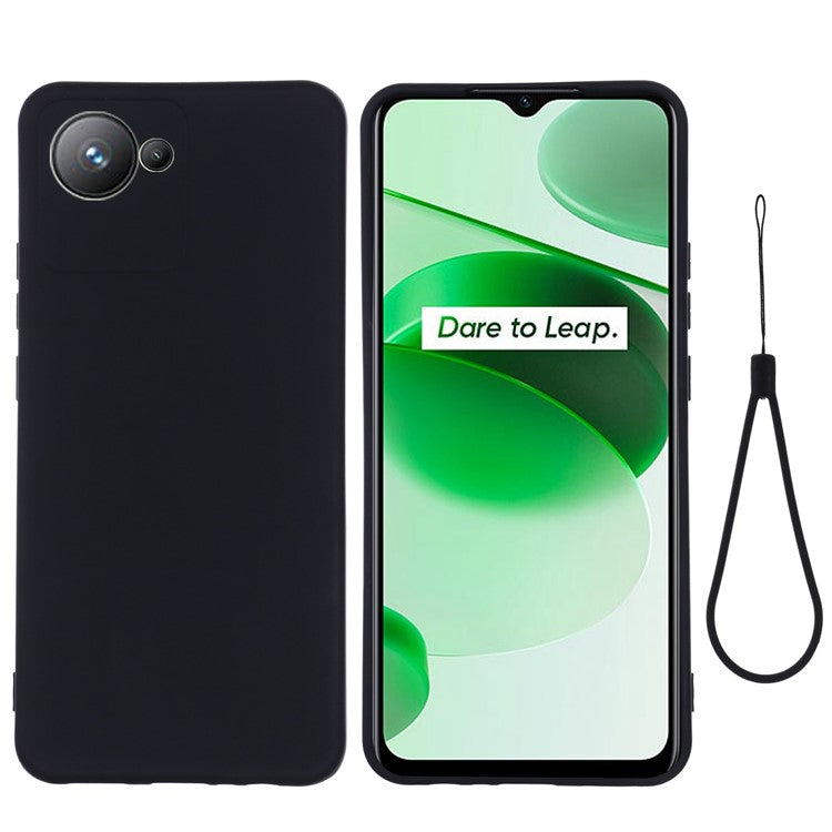 Liquid Silicone Phone Case for Realme C30 4G Shockproof Case Soft Microfiber Lining Anti-Drop Protective Cover with Strap - Black