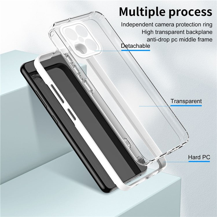 For Honor X8 4G 4G 3-in-1 Ultra Slim Transparent Phone Cover TPU Backplate + PC Frame + PC Camera Protection Drop-proof Phone Case - White