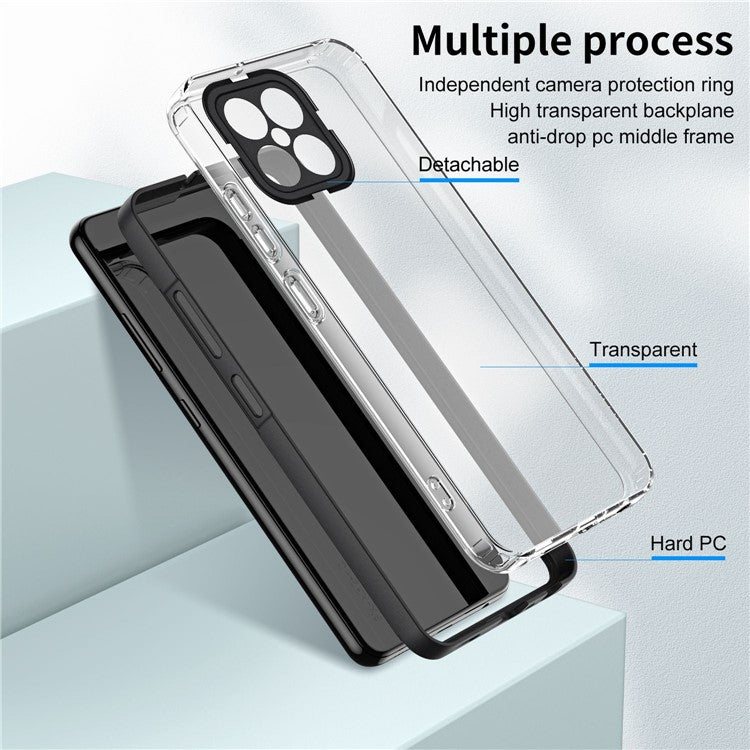 For Honor X8 4G 4G 3-in-1 Ultra Slim Transparent Phone Cover TPU Backplate + PC Frame + PC Camera Protection Drop-proof Phone Case - Black
