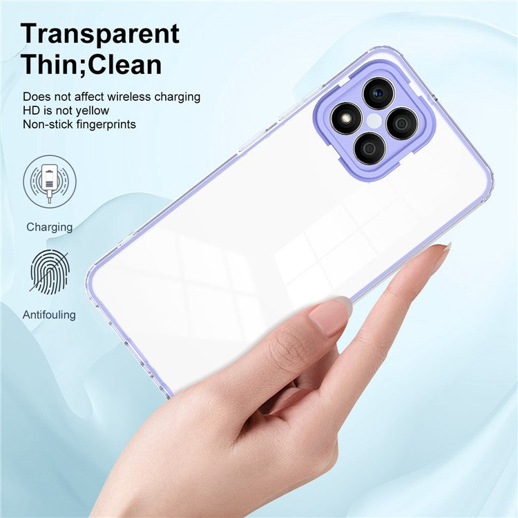 For Honor X8 4G 4G 3-in-1 Ultra Slim Transparent Phone Cover TPU Backplate + PC Frame + PC Camera Protection Drop-proof Phone Case - Purple
