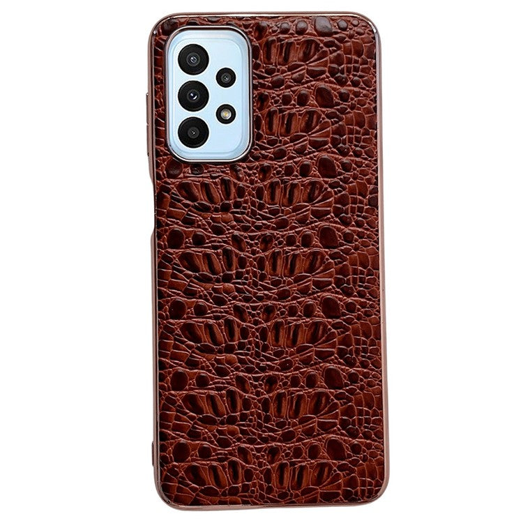 For Samsung Galaxy A23 5G (Global Version) / 4G Textured Genuine Cowhide Leather + TPU + PC Phone Case Nano Electroplating Protective Cover - Coffee