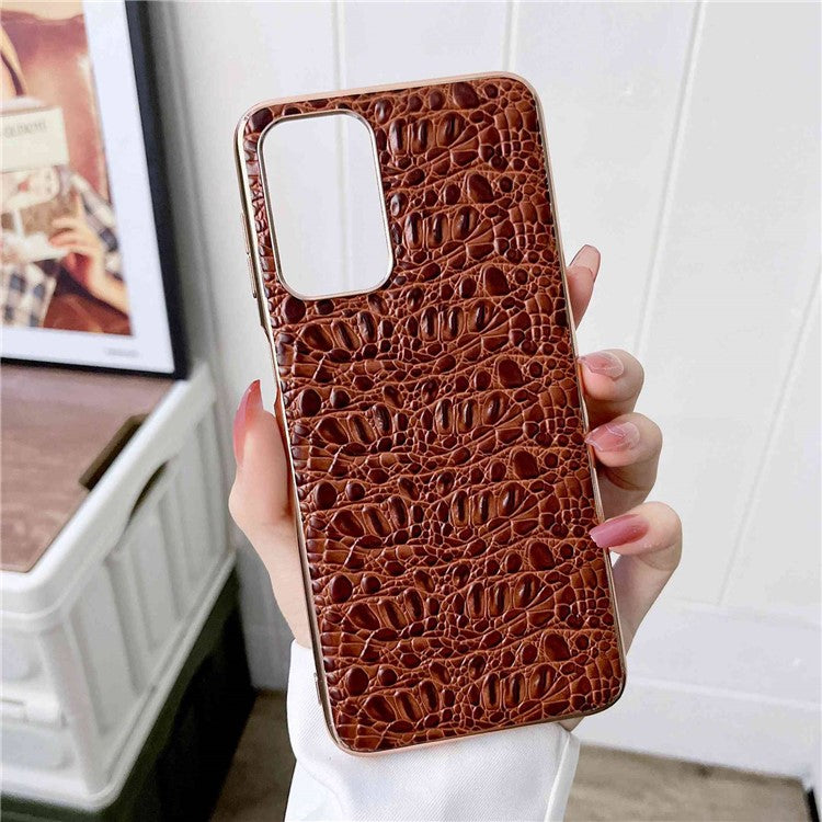 For Samsung Galaxy A23 5G (Global Version) / 4G Textured Genuine Cowhide Leather + TPU + PC Phone Case Nano Electroplating Protective Cover - Coffee