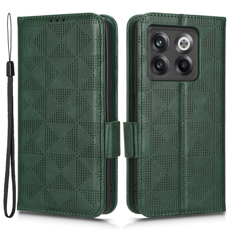 For OnePlus 10T 5G / Ace Pro 5G Triangle Pattern Imprinted Phone Case Foldable Stand Scratch-resistant PU Leather Wallet Cover with Strap - Green
