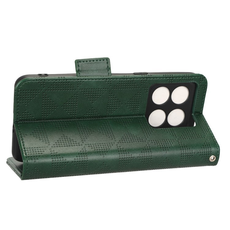For OnePlus 10T 5G / Ace Pro 5G Triangle Pattern Imprinted Phone Case Foldable Stand Scratch-resistant PU Leather Wallet Cover with Strap - Green
