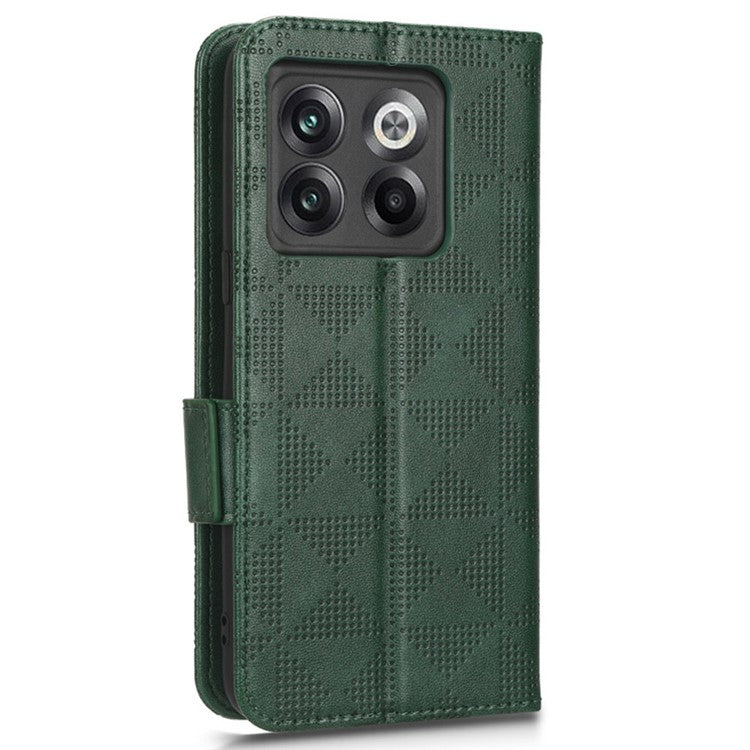 For OnePlus 10T 5G / Ace Pro 5G Triangle Pattern Imprinted Phone Case Foldable Stand Scratch-resistant PU Leather Wallet Cover with Strap - Green