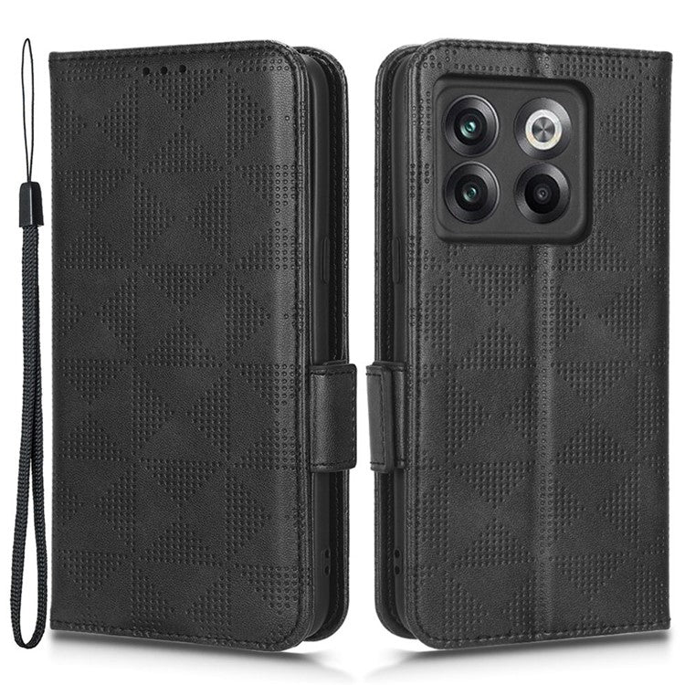 For OnePlus 10T 5G / Ace Pro 5G Triangle Pattern Imprinted Phone Case Foldable Stand Scratch-resistant PU Leather Wallet Cover with Strap - Black