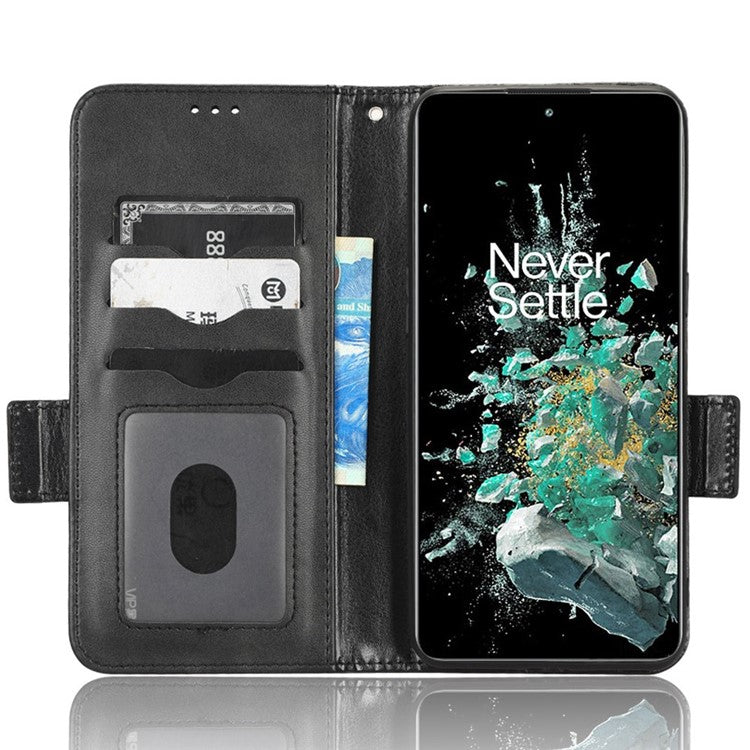 For OnePlus 10T 5G / Ace Pro 5G Triangle Pattern Imprinted Phone Case Foldable Stand Scratch-resistant PU Leather Wallet Cover with Strap - Black