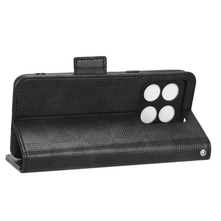 For OnePlus 10T 5G / Ace Pro 5G Triangle Pattern Imprinted Phone Case Foldable Stand Scratch-resistant PU Leather Wallet Cover with Strap - Black