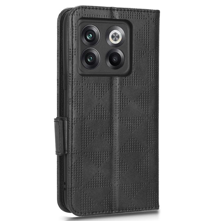 For OnePlus 10T 5G / Ace Pro 5G Triangle Pattern Imprinted Phone Case Foldable Stand Scratch-resistant PU Leather Wallet Cover with Strap - Black