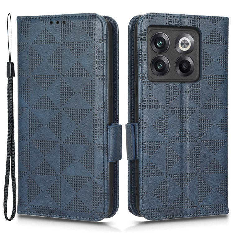 For OnePlus 10T 5G / Ace Pro 5G Triangle Pattern Imprinted Phone Case Foldable Stand Scratch-resistant PU Leather Wallet Cover with Strap - Blue