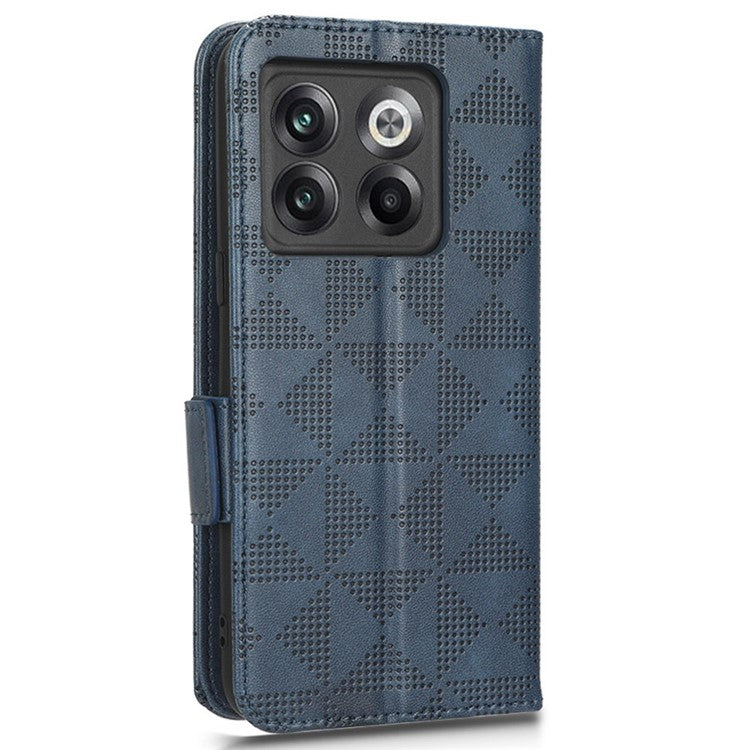 For OnePlus 10T 5G / Ace Pro 5G Triangle Pattern Imprinted Phone Case Foldable Stand Scratch-resistant PU Leather Wallet Cover with Strap - Blue