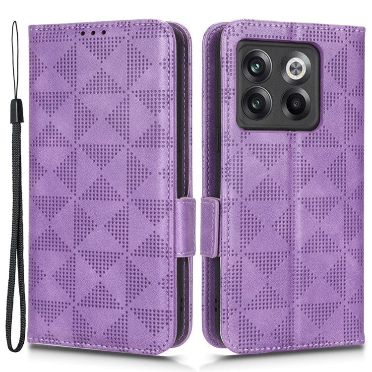 For OnePlus 10T 5G / Ace Pro 5G Triangle Pattern Imprinted Phone Case Foldable Stand Scratch-resistant PU Leather Wallet Cover with Strap - Purple