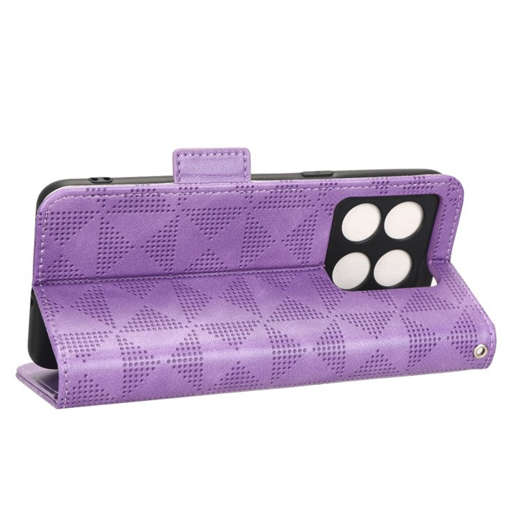 For OnePlus 10T 5G / Ace Pro 5G Triangle Pattern Imprinted Phone Case Foldable Stand Scratch-resistant PU Leather Wallet Cover with Strap - Purple