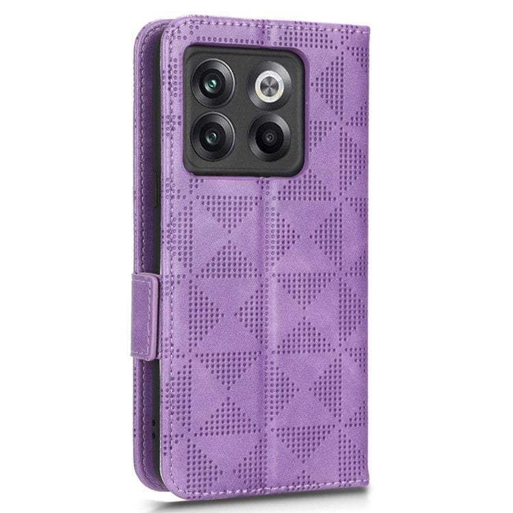 For OnePlus 10T 5G / Ace Pro 5G Triangle Pattern Imprinted Phone Case Foldable Stand Scratch-resistant PU Leather Wallet Cover with Strap - Purple