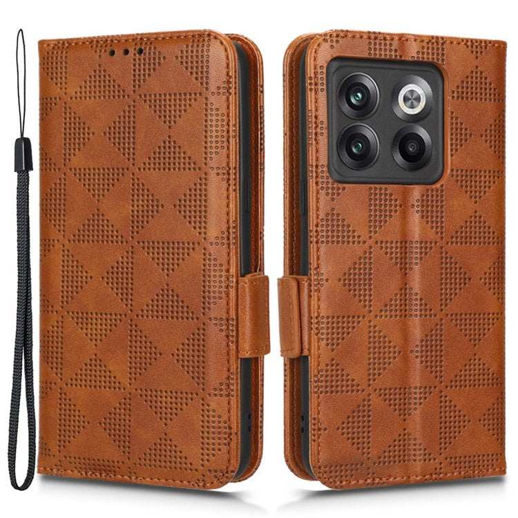 For OnePlus 10T 5G / Ace Pro 5G Triangle Pattern Imprinted Phone Case Foldable Stand Scratch-resistant PU Leather Wallet Cover with Strap - Brown